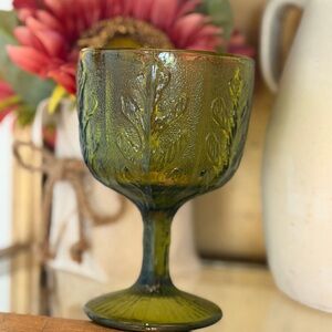 Vintage 1975 FTD Green Glass Pedestal Vase. Compote | Embossed Leaf Design. EUC